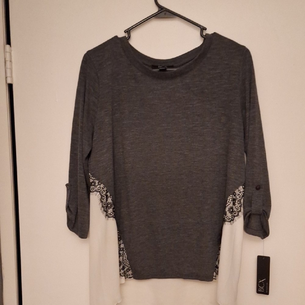 BCX Charcoal and Cream Blouse with Lace Accents